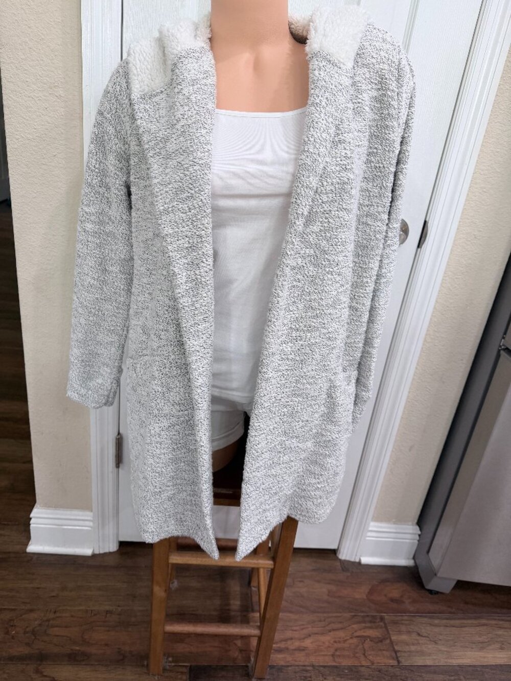 LOFT Soft Marled Hooded Cardigan Sweater Sherpa Lined Gray Size S Cozy